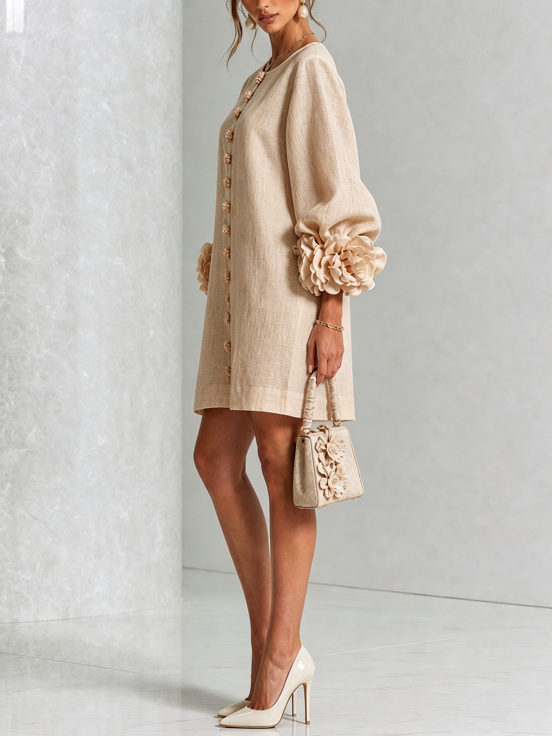 Zijaanzicht van beige mini-jurk met pofmouw en grote roosmanchet, model houdt een beige handtasje met bloemen vast. 24