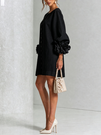 Linen Blend Shirt Dress with Rosette Trim Sleeves 22