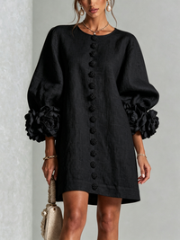 Linen Blend Shirt Dress with Rosette Trim Sleeves 21
