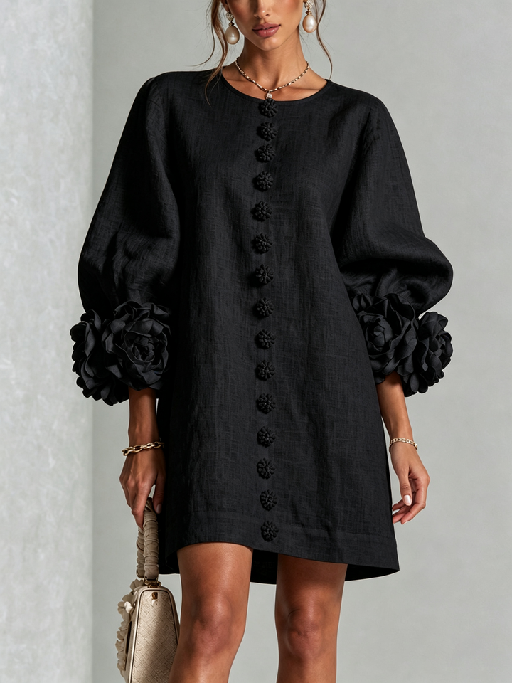 Linen Blend Shirt Dress with Rosette Trim Sleeves 21
