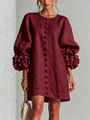Elegant A-Line Dress with Volume Sleeves and Floral Buttons 35