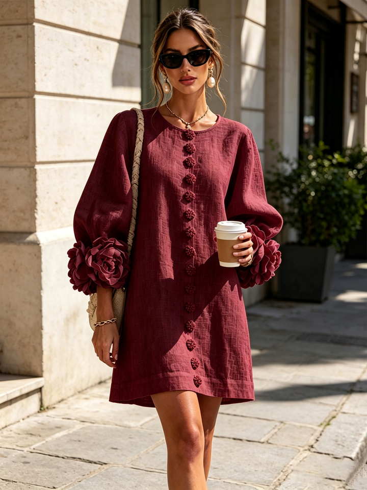 Linen Blend Shirt Dress with Rosette Trim Sleeves 7