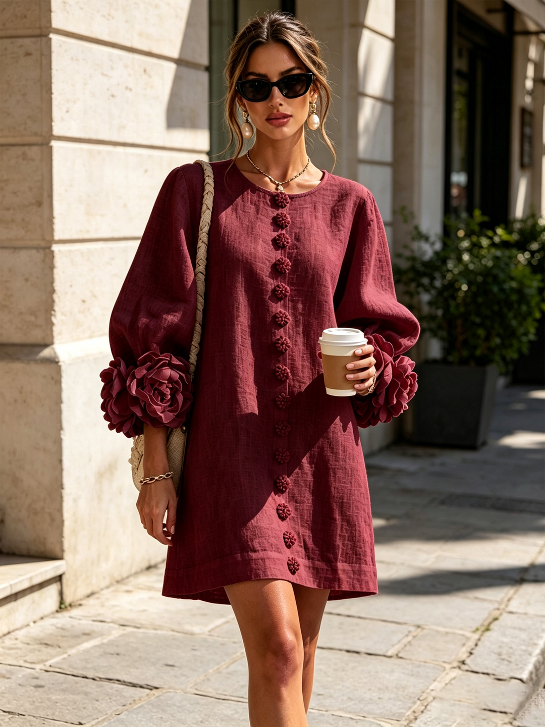 Model in bordeauxrode mini-jurk op straat, met bloemknopen, rozenmanchetten, zonnebril, vlechttas en koffiebeker in de hand. 38