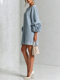Linen Blend Shirt Dress with Rosette Trim Sleeves 42
