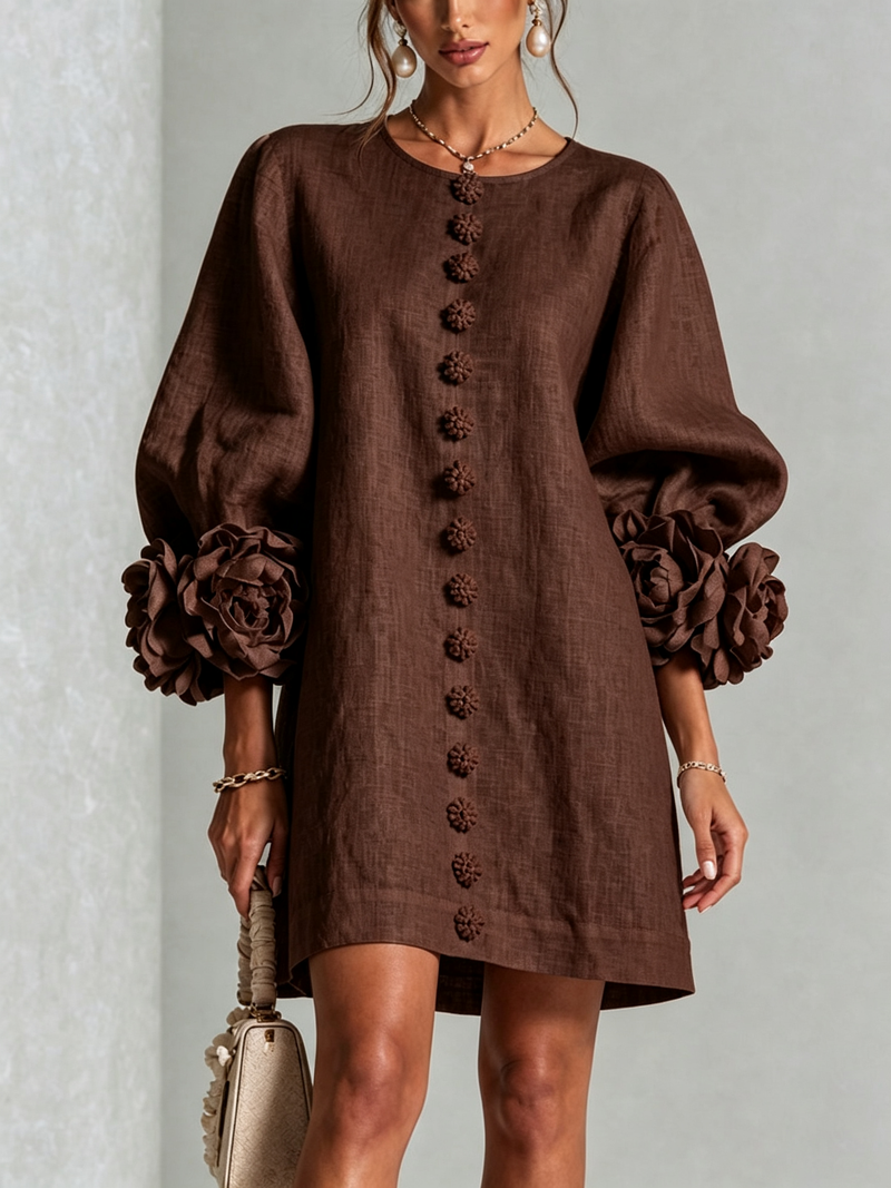 Women's Linen Puff Long Sleeve Tunic Mini Shift Dress 27