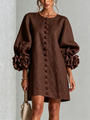 Elegant A-Line Dress with Volume Sleeves and Floral Buttons 27