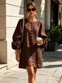 Women's Linen Puff Long Sleeve Tunic Mini Shift Dress 30