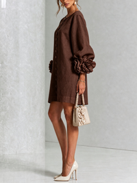 Women's Linen Puff Long Sleeve Tunic Mini Shift Dress 28