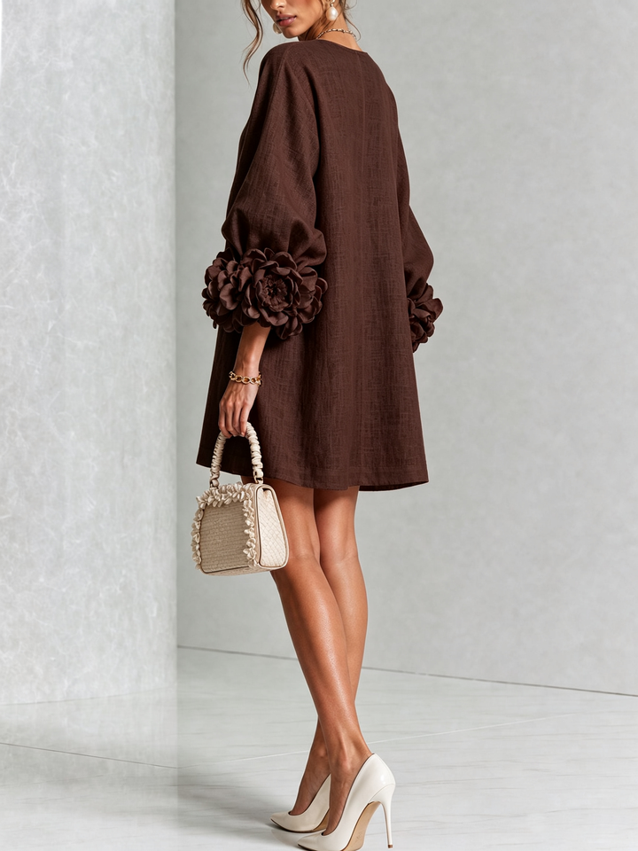 Elegant A-Line Dress with Volume Sleeves and Floral Buttons 29
