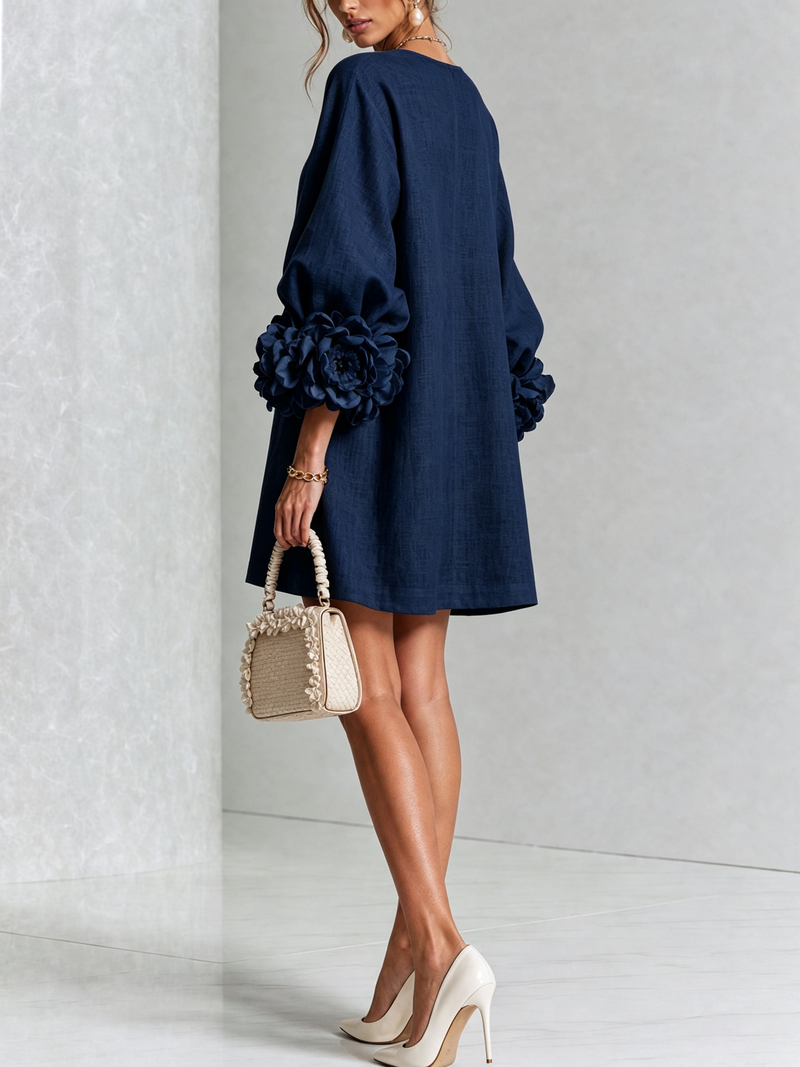 Women's Linen Puff Long Sleeve Tunic Mini Shift Dress 13