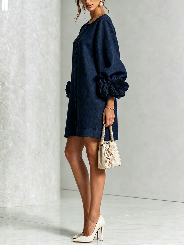 Linen Blend Shirt Dress with Rosette Trim Sleeves 19