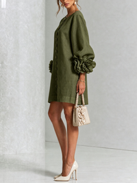 Linen Blend Shirt Dress with Rosette Trim Sleeves 17