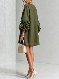 Linen Blend Shirt Dress with Rosette Trim Sleeves 18