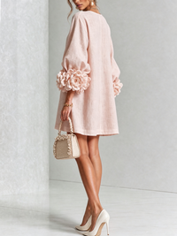Linen Blend Shirt Dress with Rosette Trim Sleeves 26