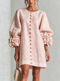 Linen Blend Shirt Dress with Rosette Trim Sleeves 24