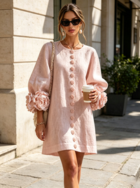 Women's Linen Puff Long Sleeve Tunic Mini Shift Dress 22