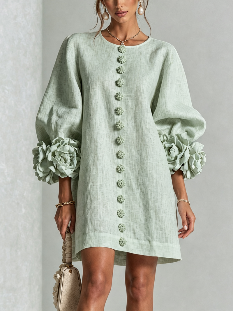 Linen Blend Shirt Dress with Rosette Trim Sleeves 35