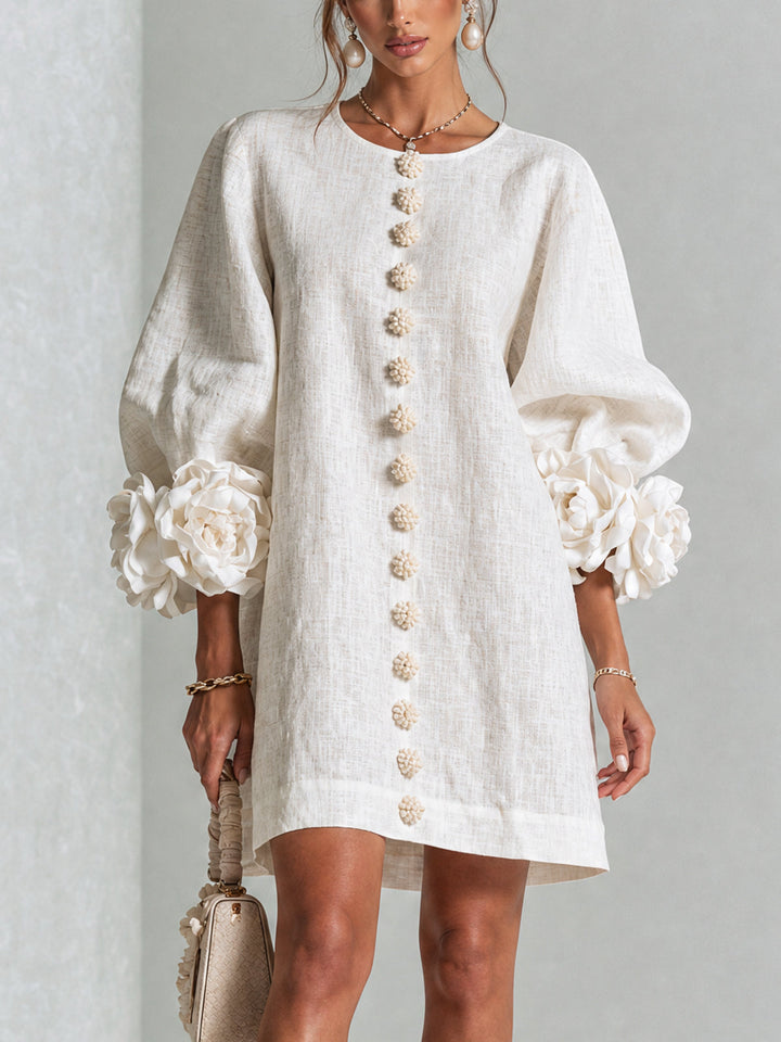 Elegant A-Line Dress with Volume Sleeves and Floral Buttons 1