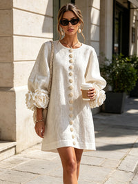 Linen Blend Shirt Dress with Rosette Trim Sleeves 1
