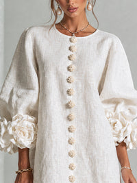 Elegant A-Line Dress with Volume Sleeves and Floral Buttons 5