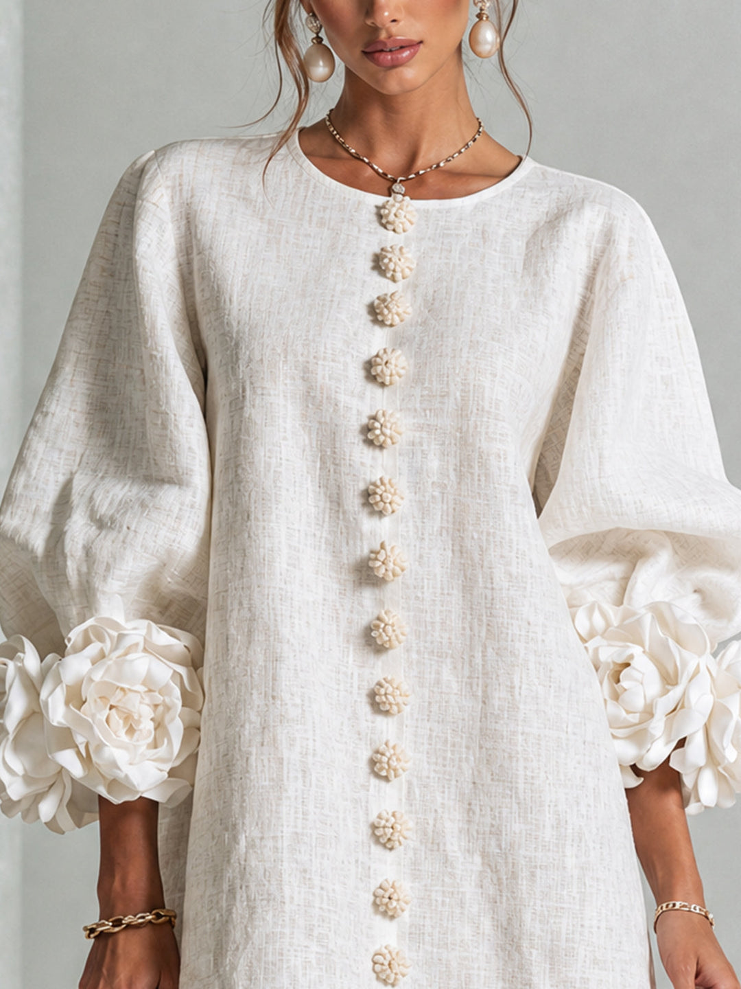 Linen Blend Shirt Dress with Rosette Trim Sleeves 15