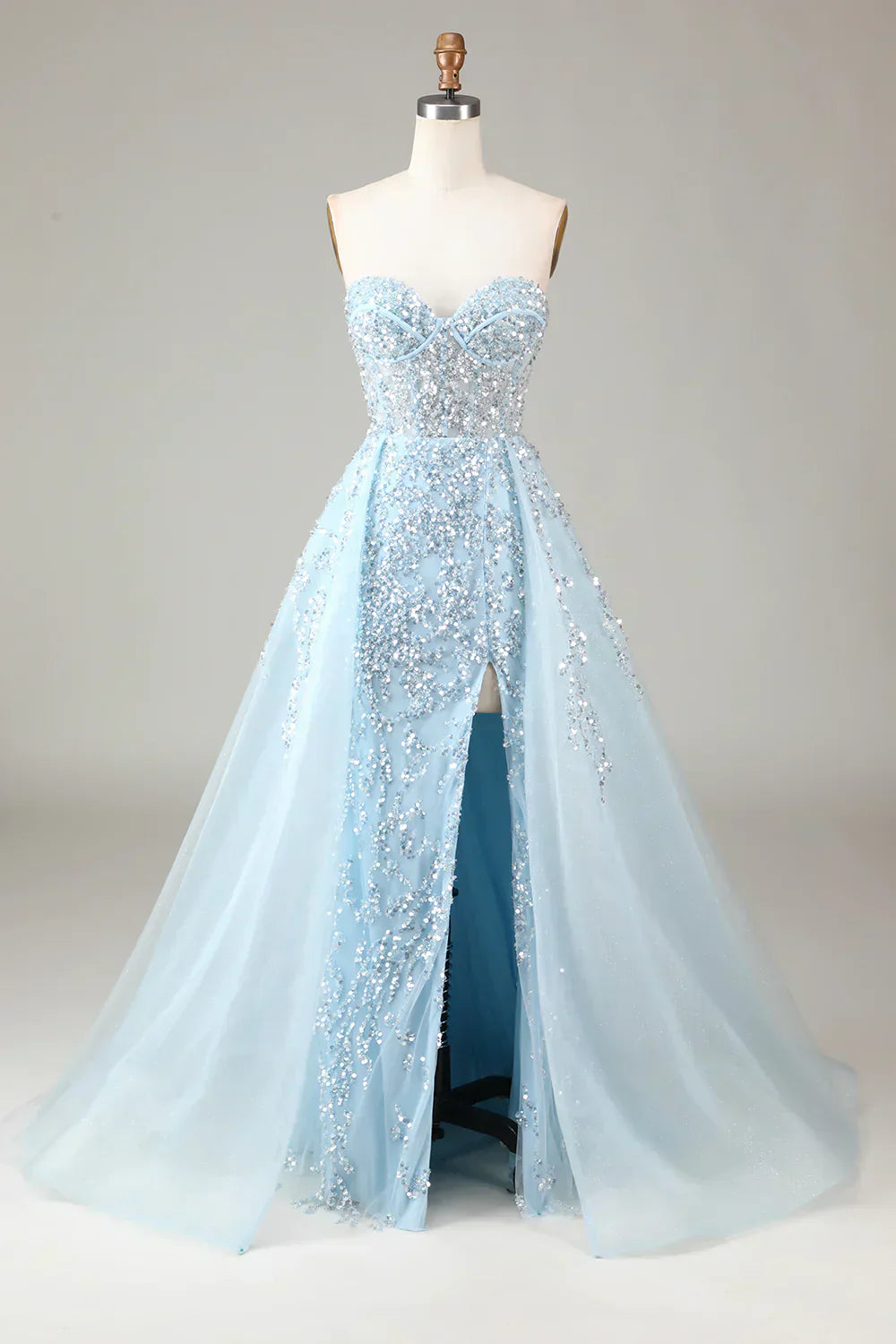 Funkelndes hellblaues A-Linien Korsett-Ballkleid mit Schlitz - Sophia