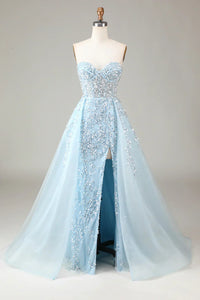 Funkelndes hellblaues A-Linien Korsett-Ballkleid mit Schlitz - Sophia
