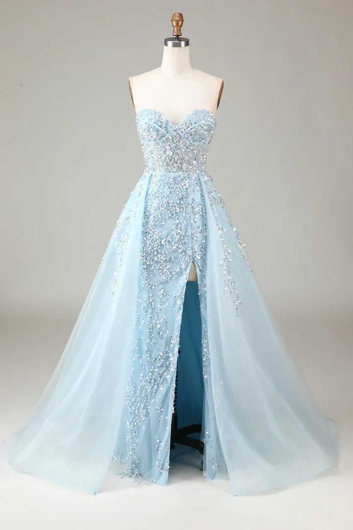 Funkelndes hellblaues A-Linien Korsett-Ballkleid mit Schlitz - Sophia