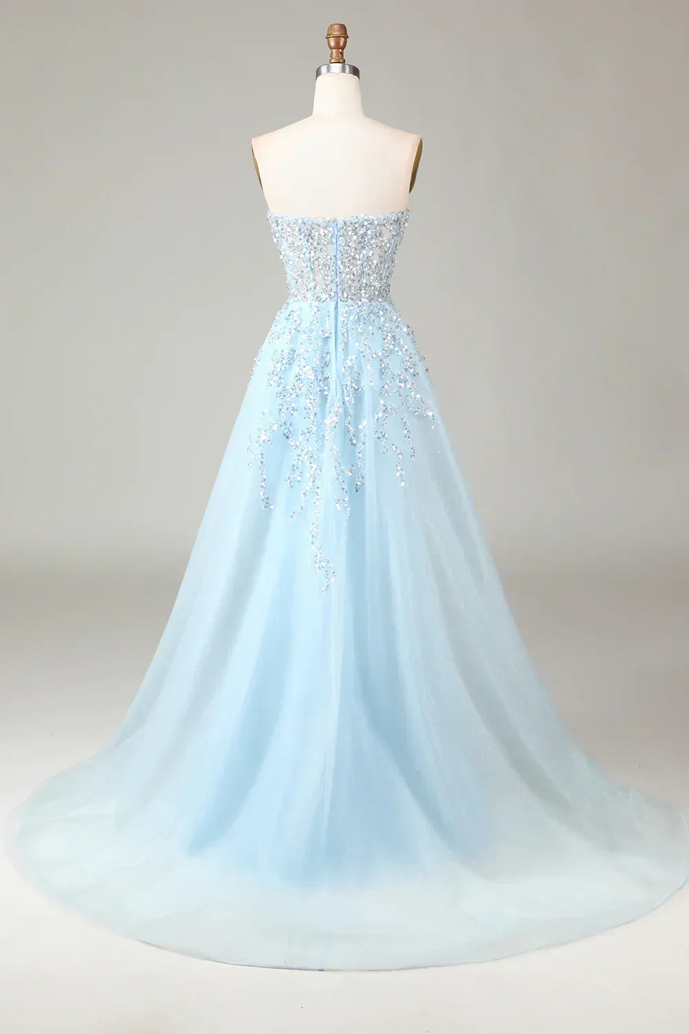Funkelndes hellblaues A-Linien Korsett-Ballkleid mit Schlitz - Sophia