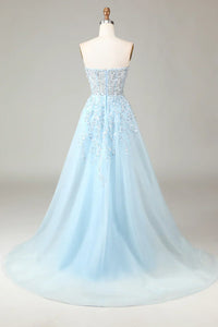Funkelndes hellblaues A-Linien Korsett-Ballkleid mit Schlitz - Sophia