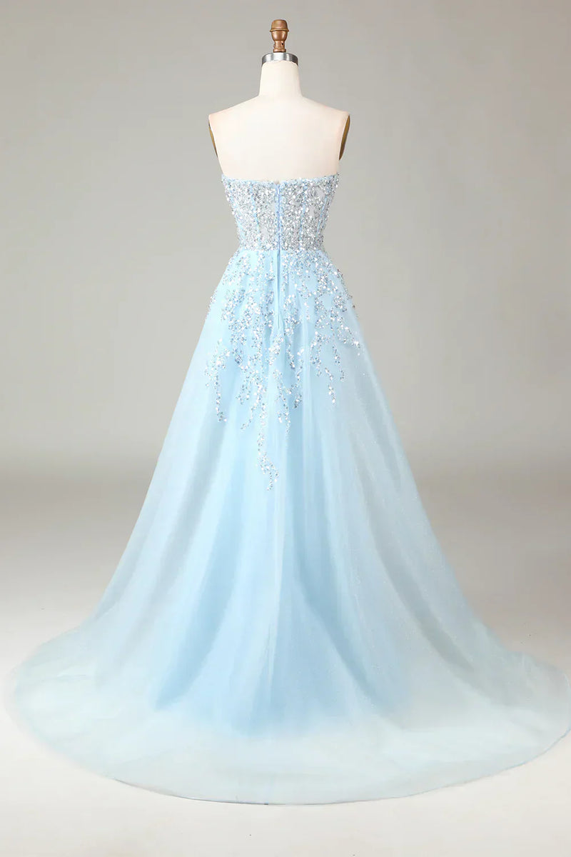 Funkelndes hellblaues A-Linien Korsett-Ballkleid mit Schlitz - Sophia