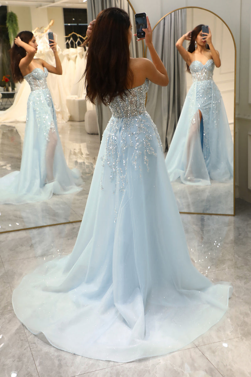 Funkelndes hellblaues A-Linien Korsett-Ballkleid mit Schlitz - Sophia