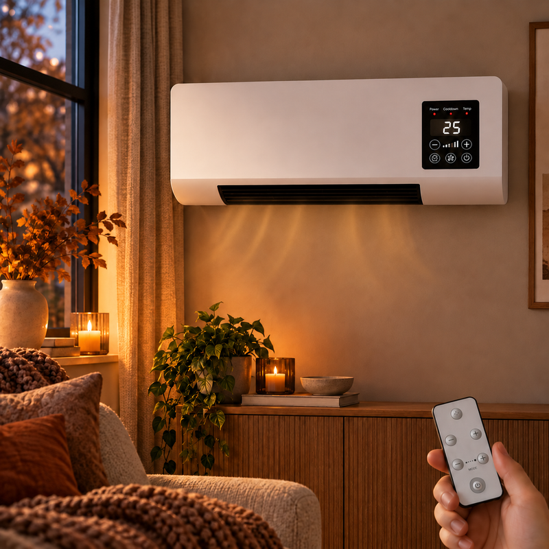 Witte wandverwarming met digitaal display boven een dressoir, een hand houdt de afstandsbediening vast 1