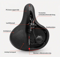 Zadel half doorgesneden om de opbouw te tonen, met luchtkanaal, antislipband, schokabsorberende boog en zadelbuisklem aangegeven. 18