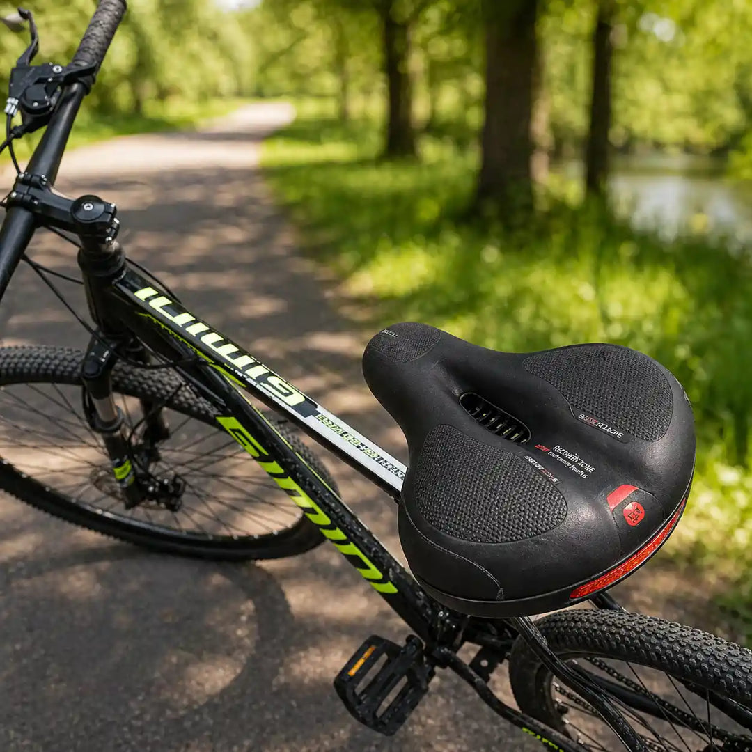 Zwart zadel met uitsparing op een mountainbike, buiten op een zonnig bospad met bomen en water. 9