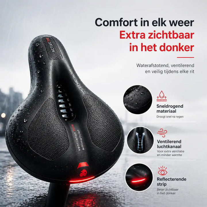 Zwart zadel met waterdruppels in de regen, met inzetbeelden van het sneldrogende materiaal, de luchtkanalen en de reflecterende strip. 12