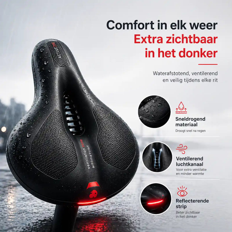 Zwart zadel met waterdruppels in de regen, met inzetbeelden van het sneldrogende materiaal, de luchtkanalen en de reflecterende strip. 12