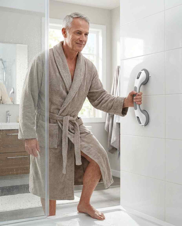 Man in taupe badjas stapt uit de douche en houdt zich vast aan de verticaal bevestigde greep op de witte tegelwand. 15