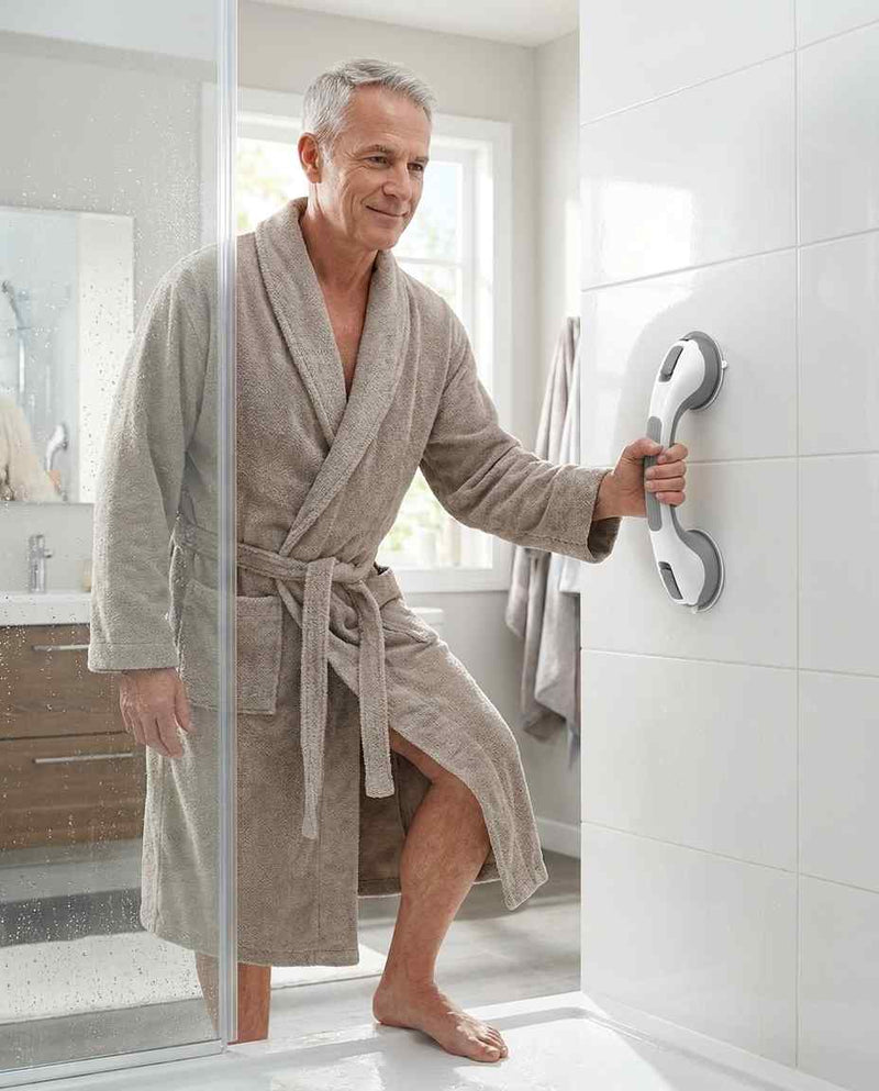 Man in taupe badjas stapt uit de douche en houdt zich vast aan de verticaal bevestigde greep op de witte tegelwand. 15