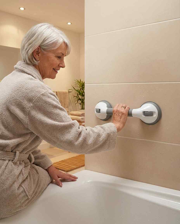 Lachende oudere vrouw in badjas zit op de badrand en pakt de horizontaal bevestigde greep op de beige muur vast. 16