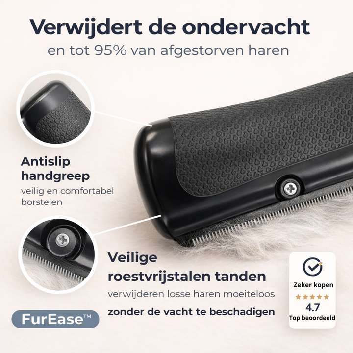 Detailafbeelding van de zwarte borstel op witte vacht met uitleg bij de antislip handgreep en de roestvrijstalen tanden. 6