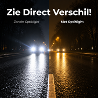 Vergelijking van een natte nachtweg: links verblindende witte koplampen, rechts rustiger zicht door een geel getinte weergave. 2