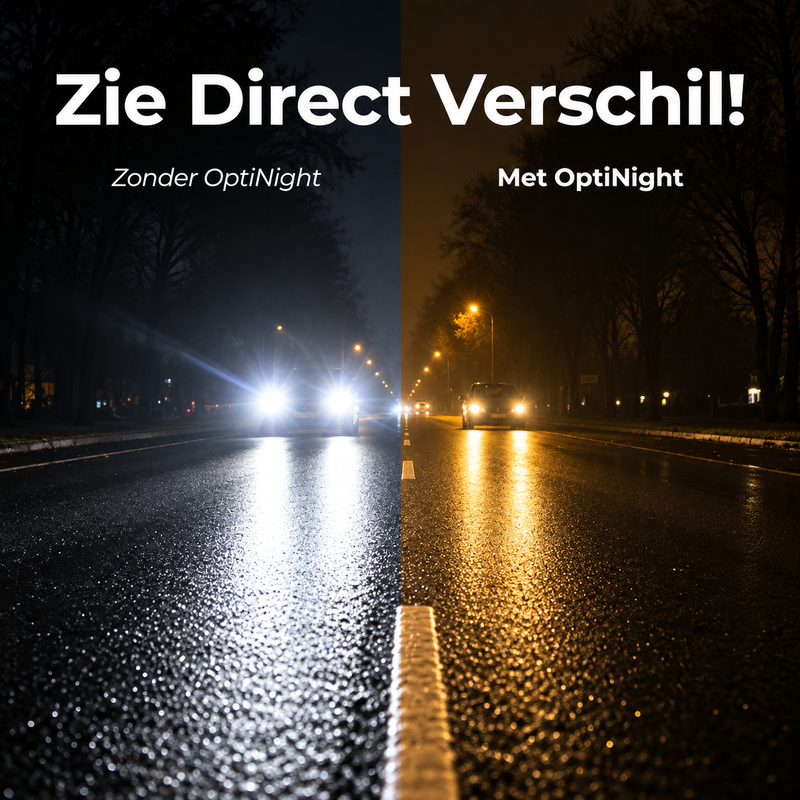 Vergelijking van een natte nachtweg: links verblindende witte koplampen, rechts rustiger zicht door een geel getinte weergave. 2