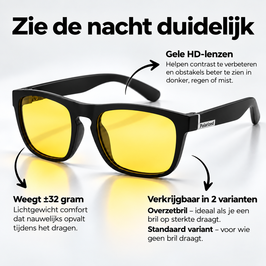 Zwarte bril met rechthoekig montuur en gele lenzen, met pijlen naar de lenzen, het gewicht en de twee varianten. 5