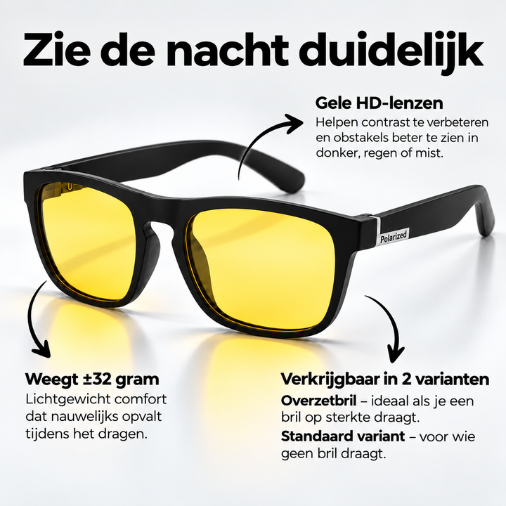 Zwarte bril met rechthoekig montuur en gele lenzen, met pijlen naar de lenzen, het gewicht en de twee varianten. 5