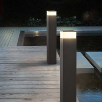 Twee zwarte lichtpalen bij avond op een houten terras naast een vijver, met warmwit licht in het bovenstuk. 8