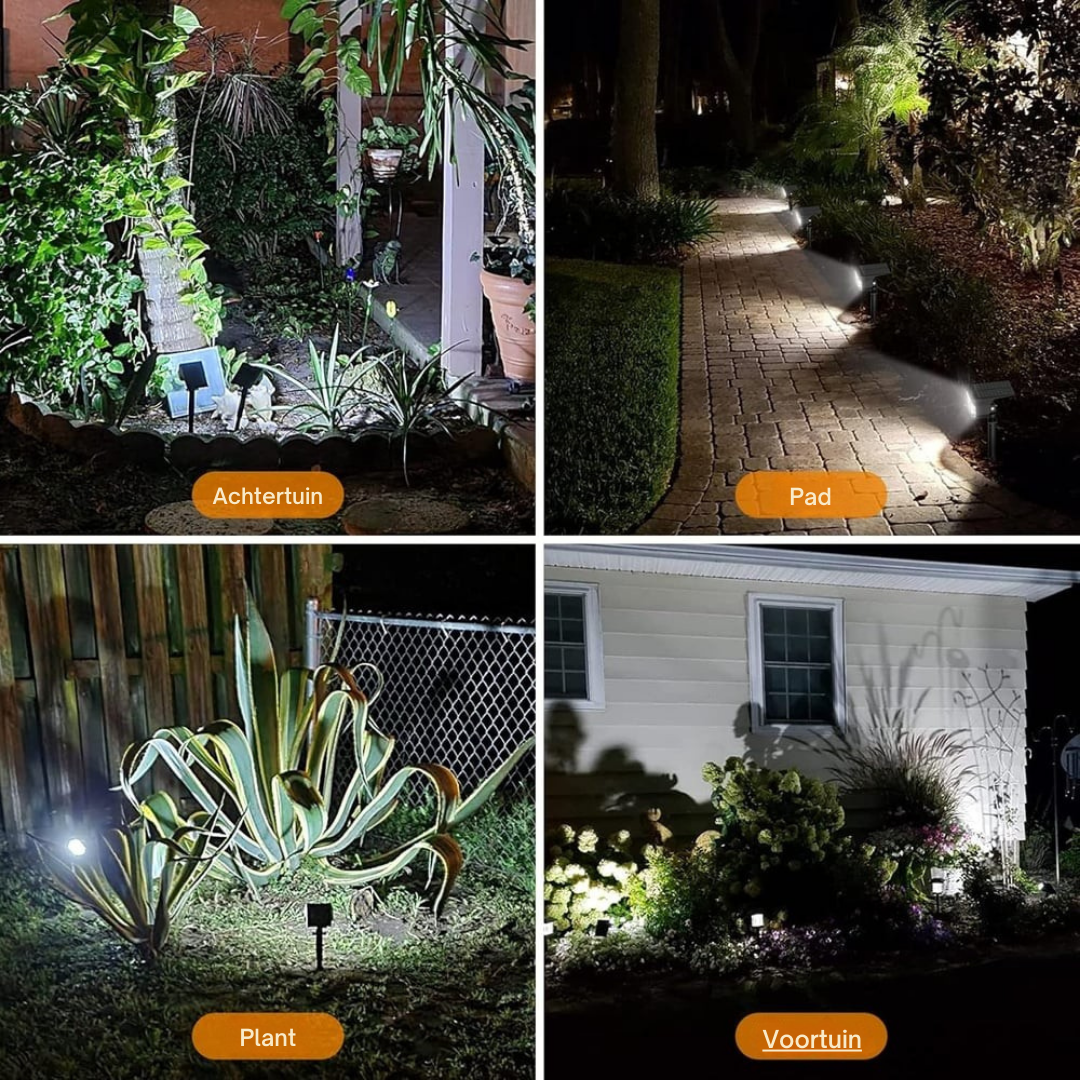 Vier toepassingen van de tuinspot met wit licht: achtertuin, pad, plant en voortuin in het donker. 9