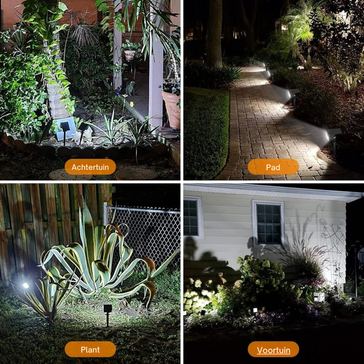 Vier toepassingen van de tuinspot met wit licht: achtertuin, pad, plant en voortuin in het donker. 9