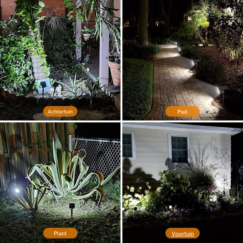 Vier toepassingen van de tuinspot met wit licht: achtertuin, pad, plant en voortuin in het donker. 9