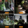 Vier toepassingen van de tuinspot met wit licht: achtertuin, pad, plant en voortuin in het donker. 9